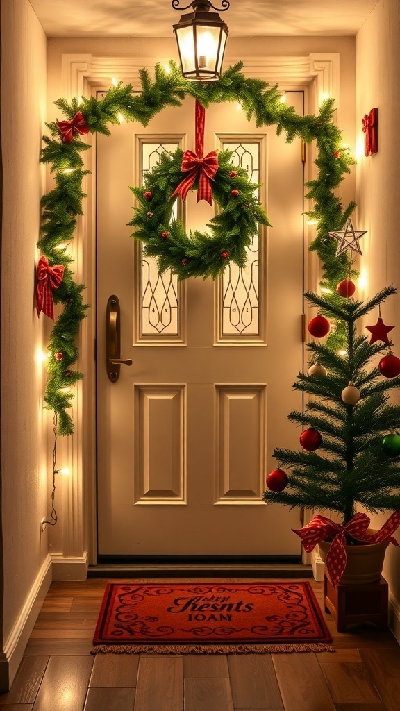 A decorated apartment entryway for Christmas with a wreath, lights, and a potted tree.